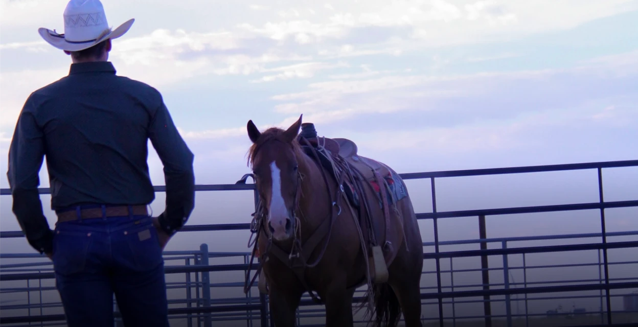 Man and horse with a cloudy sky background