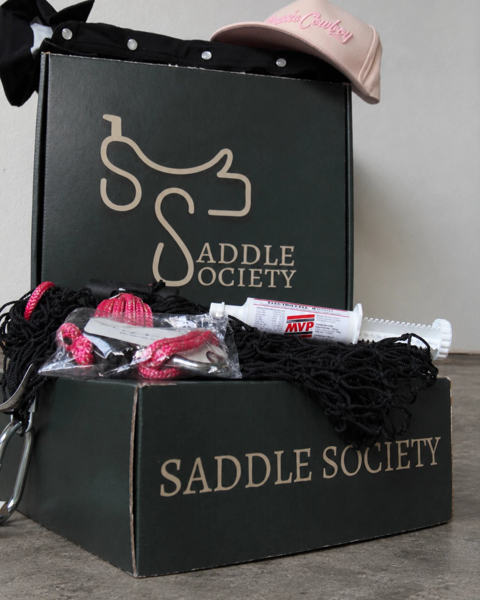 Saddle Society box with a black pearl-snap shirt, pink Classic Cowboy cap, pink and black hay net, and supplement